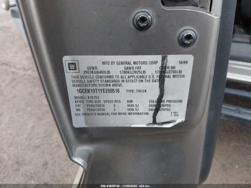 2000 Chevrolet Silverado 1500 Ls VIN: 1GCEK19T1YE200516 Lot: 43609748