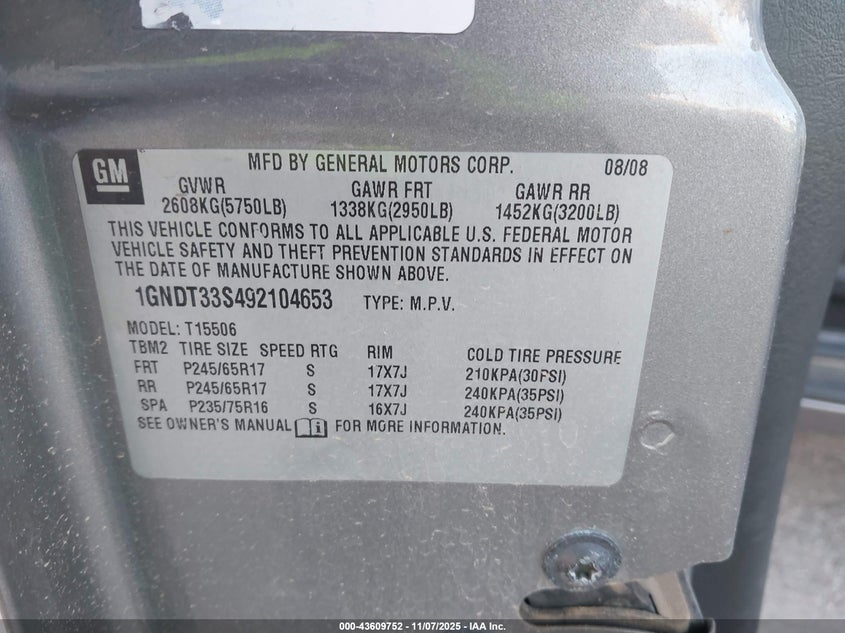 1GNDT33S492104653 2009 CHEVROLET TRAILBLAZER photo no. 9