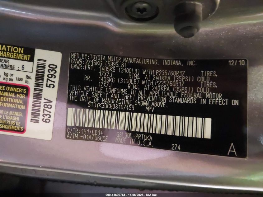 2011 Toyota Sienna Xle V6 VIN: 5TDYK3DC8BS107459 Lot: 43609764