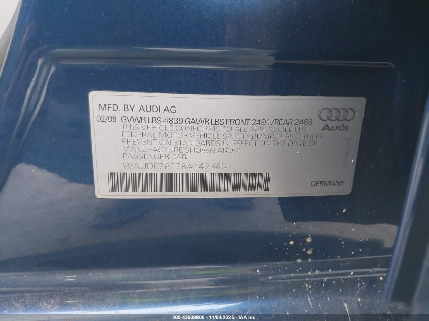 2008 Audi A4 2.0T/2.0T Special Edition VIN: WAUDF78E78A147346 Lot: 43609808