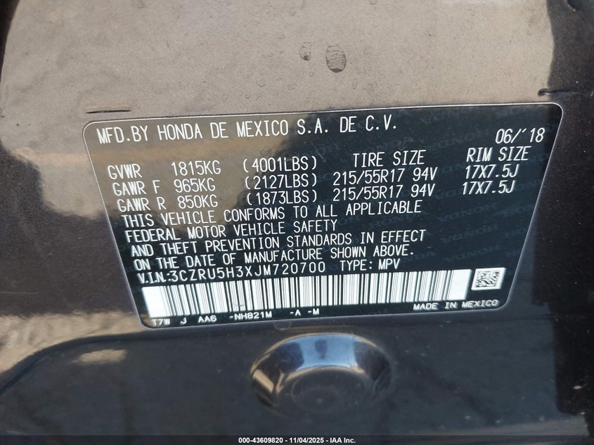 2018 HONDA HR-V LX - 3CZRU5H3XJM720700