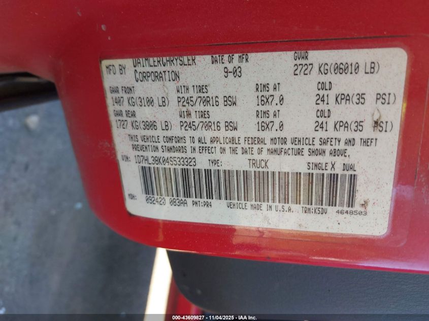 2004 Dodge Dakota Sport/Sxt VIN: 1D7HL38K04S533323 Lot: 43609827