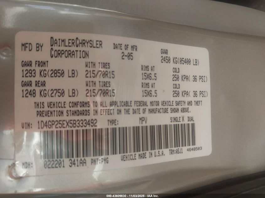 2005 Dodge Caravan Se VIN: 1D4GP25EX5B333492 Lot: 43609830