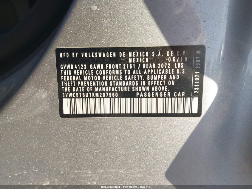 2019 Volkswagen Jetta 1.4T R-Line/1.4T S/1.4T Se VIN: 3VWC57BU7KM207960 Lot: 43609834