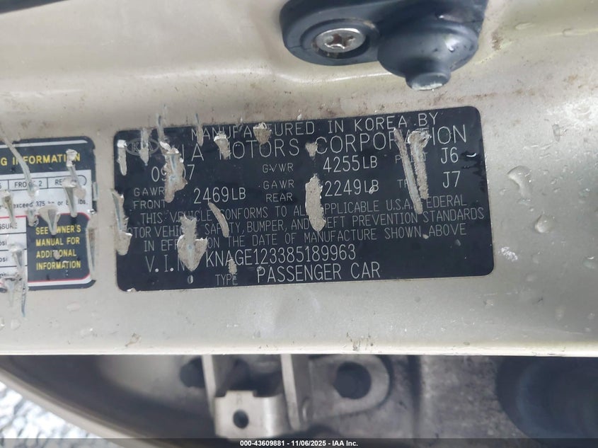 2008 Kia Optima Lx VIN: KNAGE123385189963 Lot: 43609881