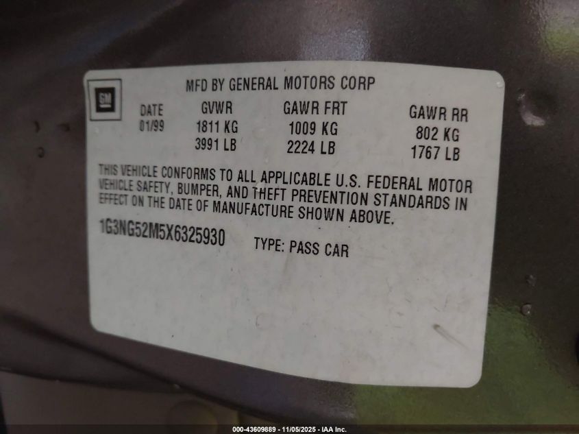 1999 Oldsmobile Cutlass Gls VIN: 1G3NG52M5X6325930 Lot: 43609889