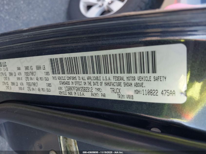 2019 Ram 1500 Classic Tradesman 4X4 6'4 Box VIN: 1C6RR7FGXKS582312 Lot: 43609895