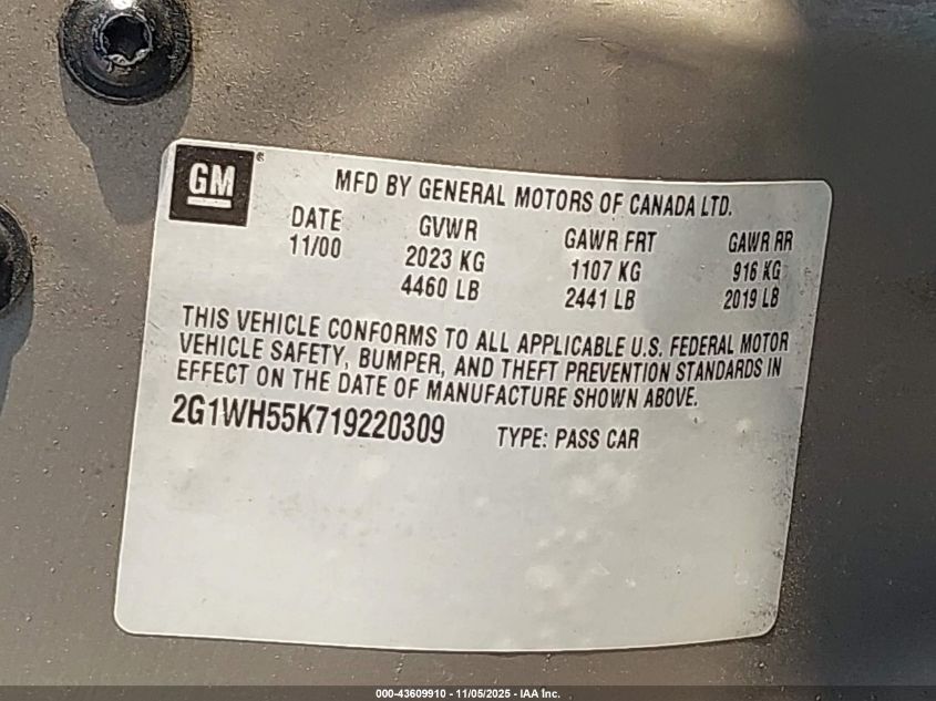 2001 Chevrolet Impala Ls VIN: 2G1WH55K719220309 Lot: 43609910