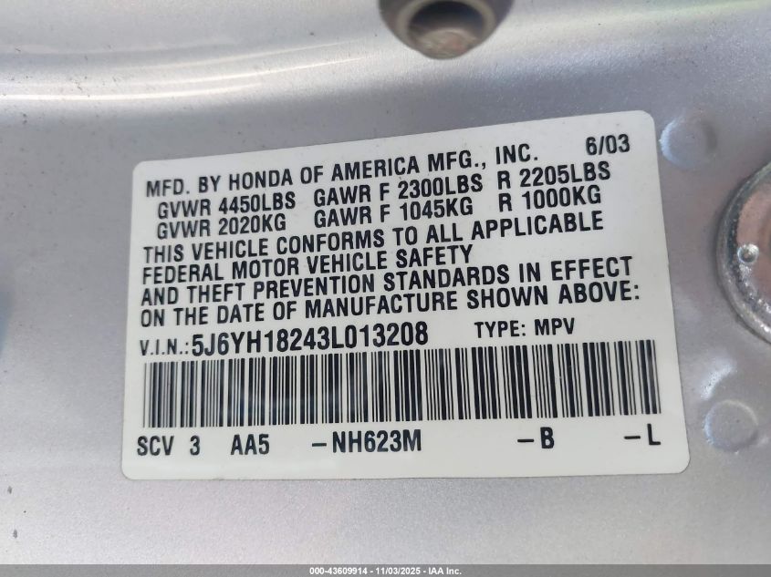 2003 Honda Element Dx VIN: 5J6YH18243L013208 Lot: 43609914