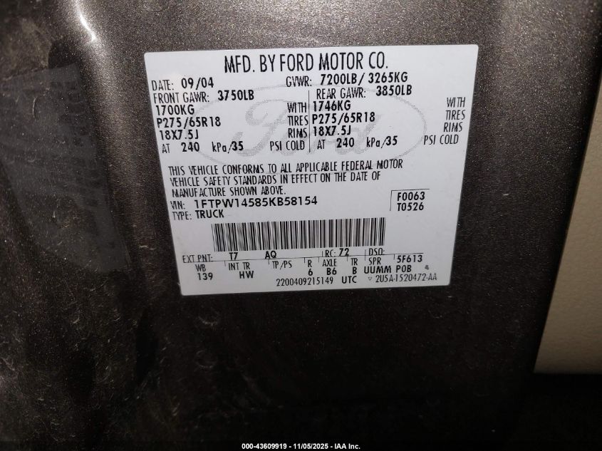 2005 Ford F-150 Fx4/Lariat/Xlt VIN: 1FTPW14585KB58154 Lot: 43609919