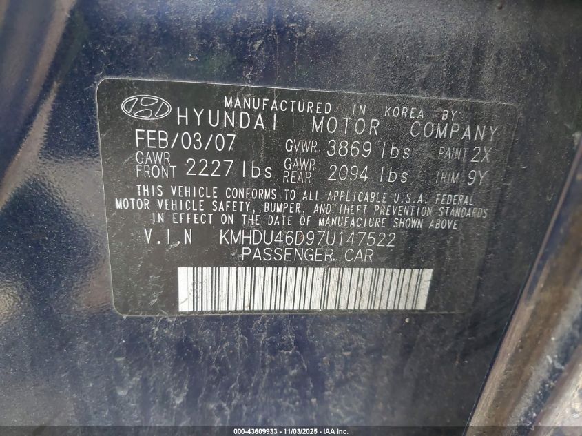 2007 Hyundai Elantra Gls/Limited/Se VIN: KMHDU46D97U147522 Lot: 43609933