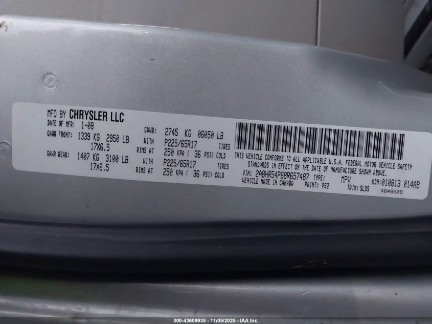 2008 Chrysler Town & Country Touring VIN: 2A8HR54P68R657487 Lot: 43609938