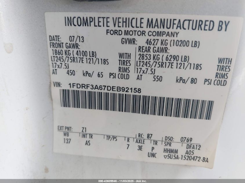 2013 Ford F-350 Xl VIN: 1FDRF3A67DEB92158 Lot: 43609946