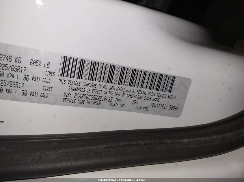 2016 Dodge Grand Caravan Sxt VIN: 2C4RDGCG5GR210235 Lot: 43609947