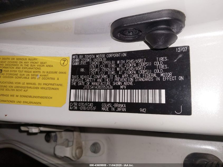 2008 Toyota Highlander VIN: JTEES41A382052636 Lot: 43609959