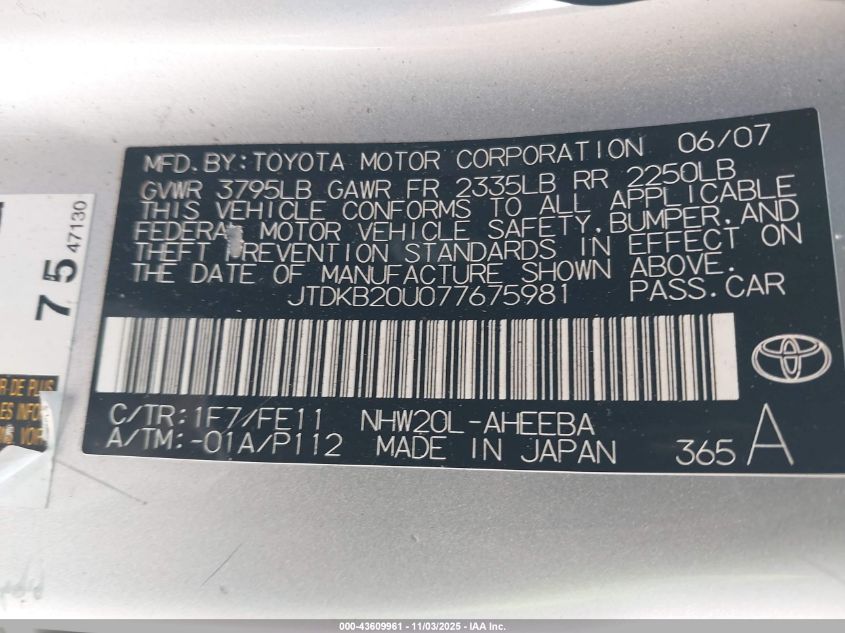 2007 Toyota Prius VIN: JTDKB20U077675981 Lot: 43609961