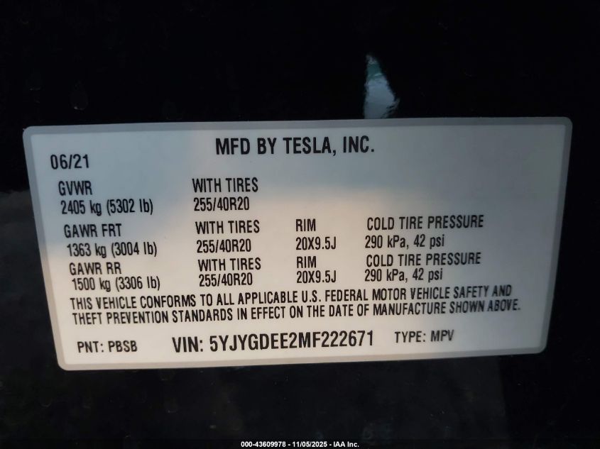 2021 Tesla Model Y Long Range Dual Motor All-Wheel Drive VIN: 5YJYGDEE2MF222671 Lot: 43609978