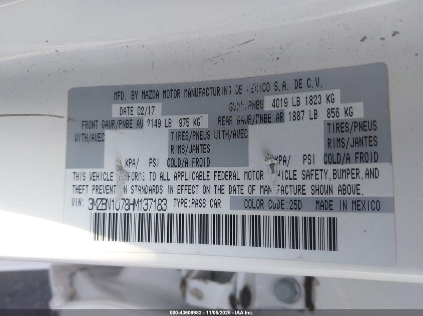 2017 MAZDA MAZDA3 SPORT - 3MZBN1U78HM137183