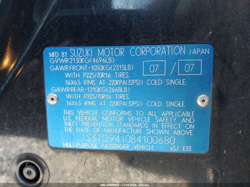 2008 Suzuki Grand Vitara VIN: JS3TD941084100680 Lot: 43609983