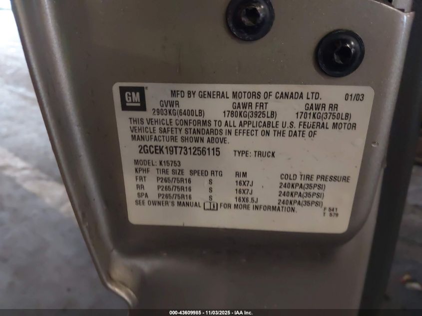 2003 Chevrolet Silverado 1500 Ls VIN: 2GCEK19T731256115 Lot: 43609985