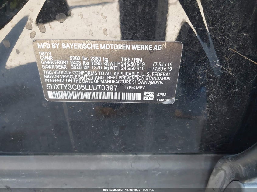 2020 BMW X3 SDRIVE30I - 5UXTY3C05LLU70397