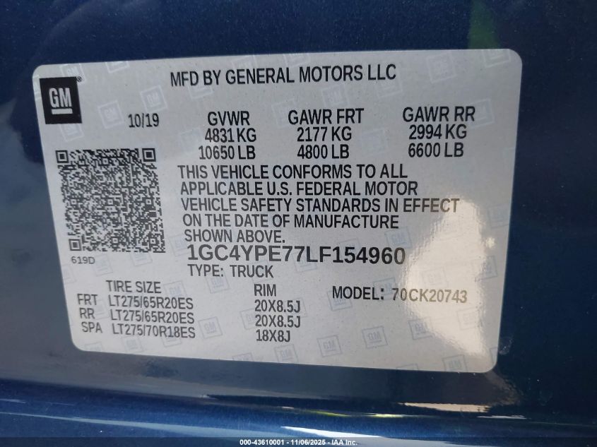 2020 Chevrolet Silverado 2500Hd 4Wd Standard Bed Ltz VIN: 1GC4YPE77LF154960 Lot: 43610001