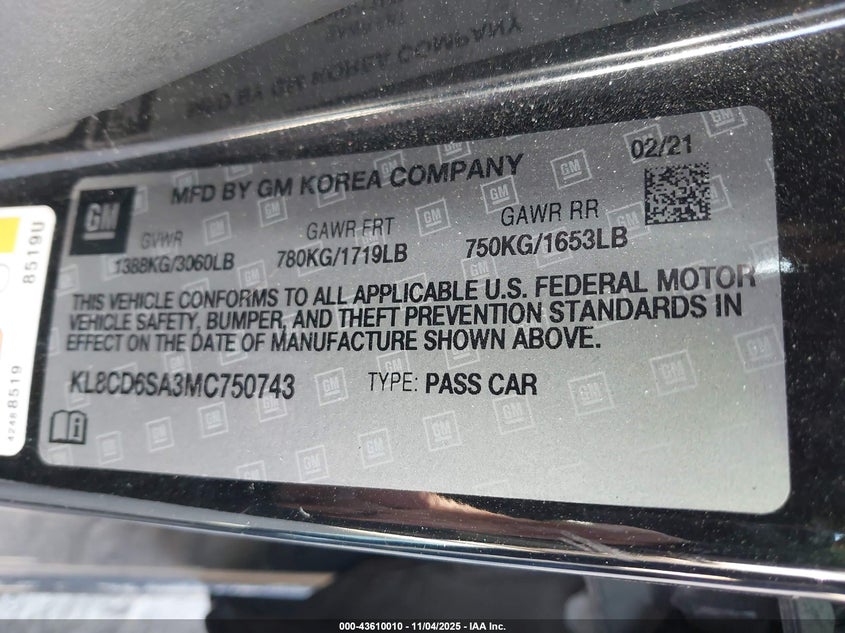 2021 Chevrolet Spark Fwd 1Lt Automatic VIN: KL8CD6SA3MC750743 Lot: 43610010