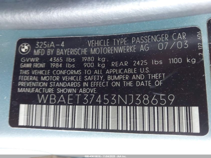 2003 BMW 325I VIN: WBAET37453NJ38659 Lot: 43610016