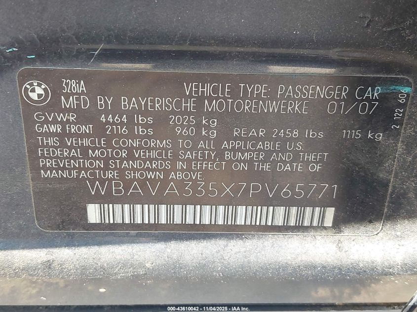 1993 BMW 328I VIN: WBAVA335XPV65771 Lot: 43610042