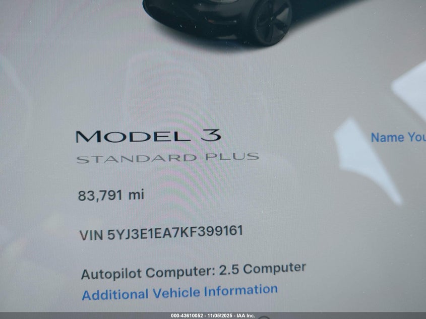 2019 Tesla Model 3 Long Range/Mid Range/Standard Range/Standard Range Plus VIN: 5YJ3E1EA7KF399161 Lot: 43610052