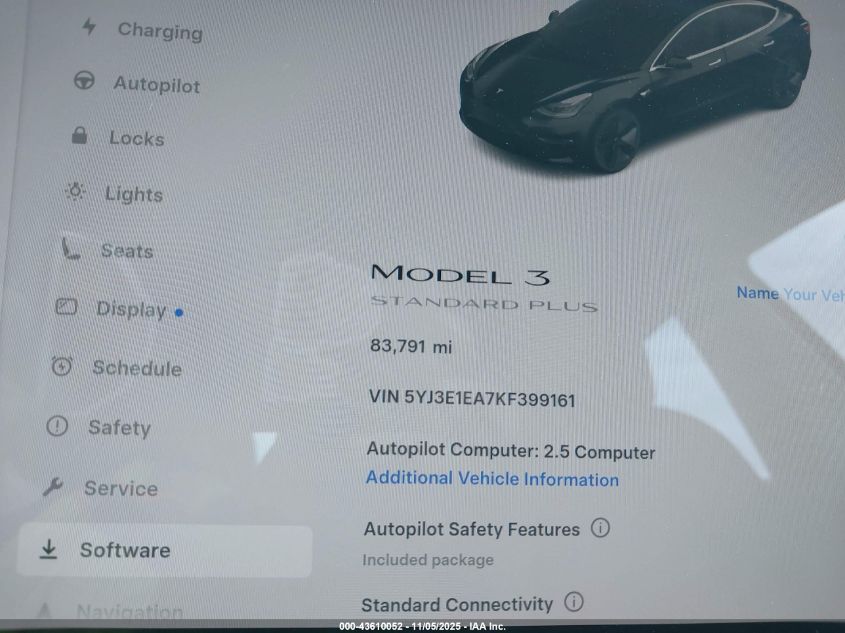 2019 Tesla Model 3 Long Range/Mid Range/Standard Range/Standard Range Plus VIN: 5YJ3E1EA7KF399161 Lot: 43610052