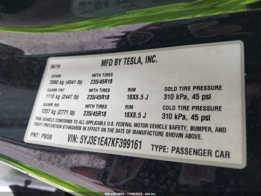 2019 Tesla Model 3 Long Range/Mid Range/Standard Range/Standard Range Plus VIN: 5YJ3E1EA7KF399161 Lot: 43610052