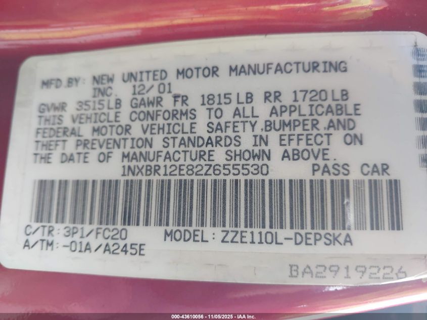 2002 Toyota Corolla S VIN: 1NXBR12E82Z655530 Lot: 43610056