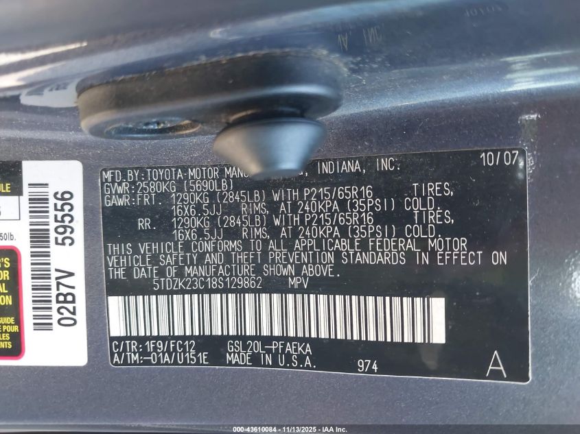 2008 Toyota Sienna Le VIN: 5TDZK23C18S129862 Lot: 43610084