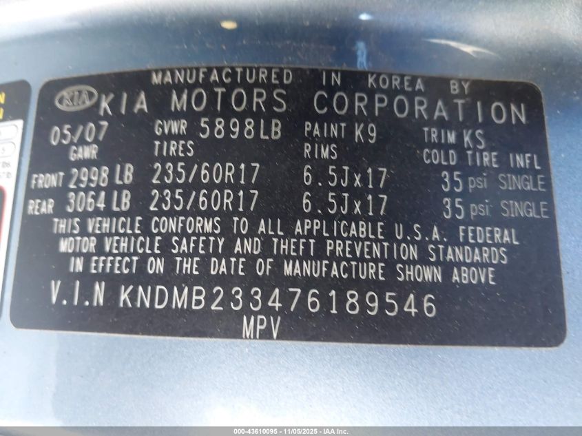 2007 Kia Sedona Ex VIN: KNDMB233476189546 Lot: 43610095