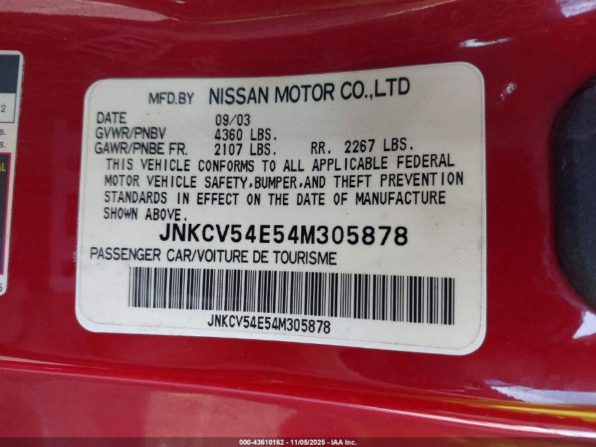 2004 Infiniti G35 VIN: JNKCV54E54M305878 Lot: 43610162