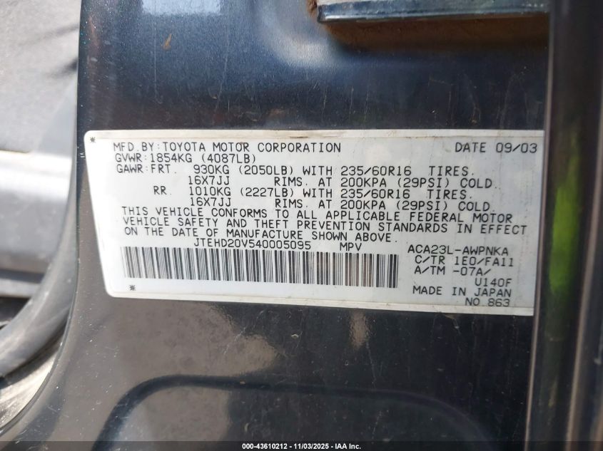 2004 Toyota Rav4 VIN: JTEHD20V540005095 Lot: 43610212