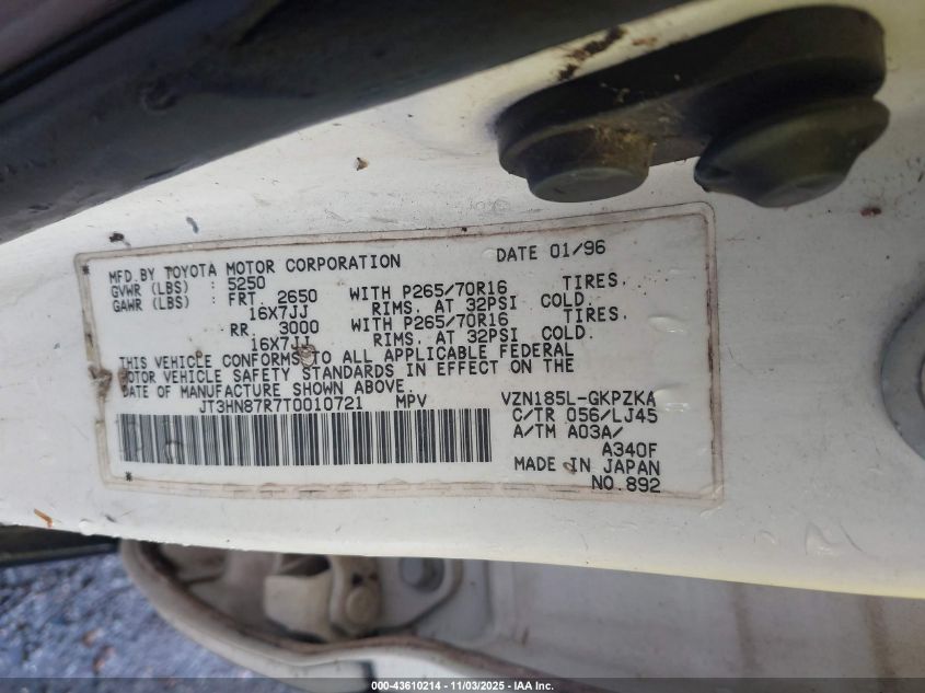 1996 Toyota 4Runner Limited VIN: JT3HN87R7T0010721 Lot: 43610214