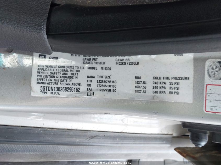 2006 Hummer H3 Suv VIN: 5GTDN136268295162 Lot: 43610221