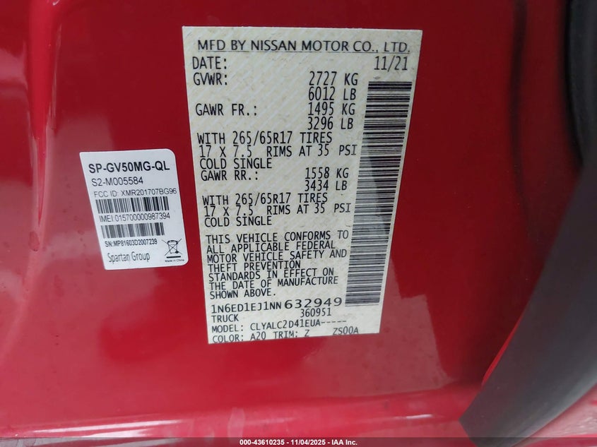 2022 NISSAN FRONTIER SV 4X2 - 1N6ED1EJ1NN632949