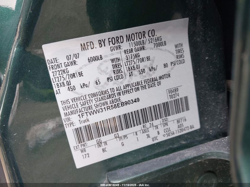 2008 Ford F-350 Lariat VIN: 1FTWW31R58EB90349 Lot: 43610249