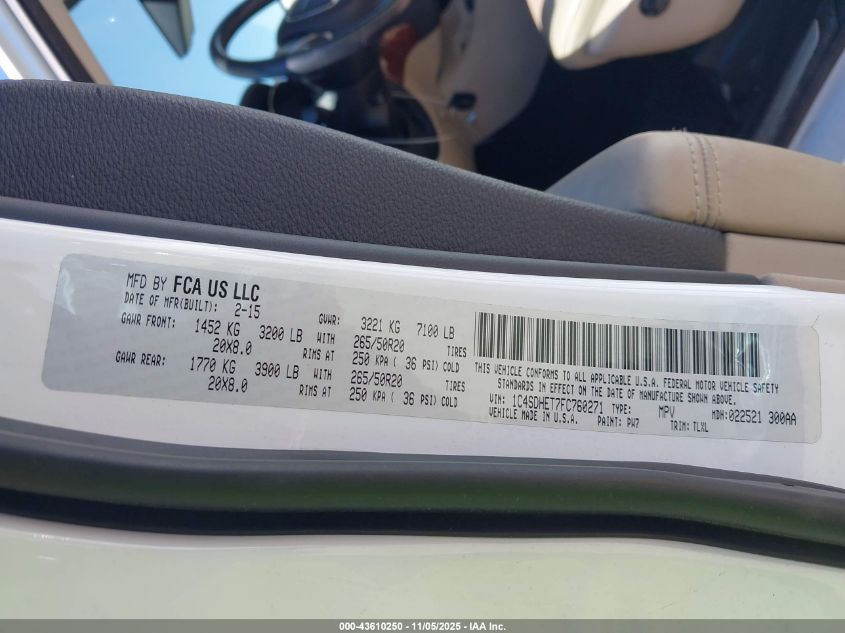 2015 Dodge Durango Citadel VIN: 1C4SDHET7FC760271 Lot: 43610250