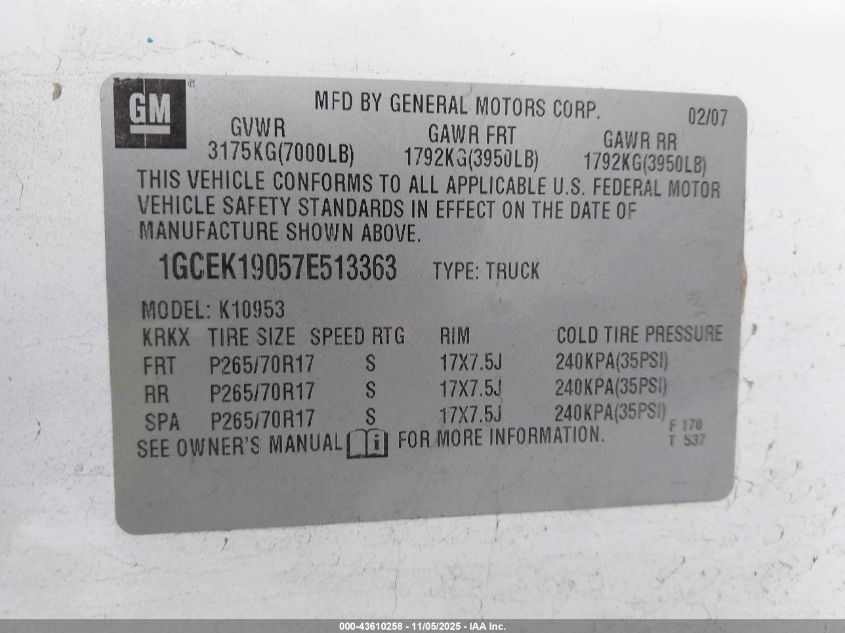 2007 Chevrolet Silverado 1500 Work Truck VIN: 1GCEK19057E513363 Lot: 43610258