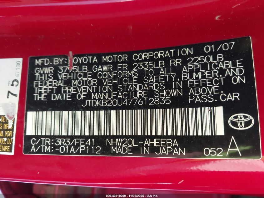 2007 Toyota Prius VIN: JTDKB20U477612835 Lot: 43610269