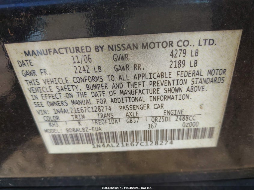 1N4AL21E67C128274 2007 NISSAN ALTIMA photo no. 9