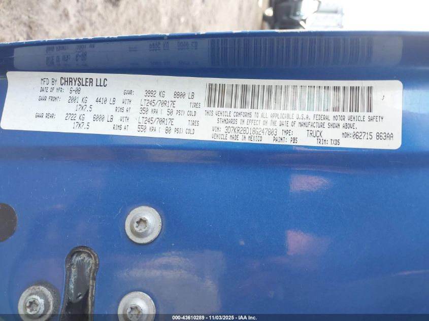 2008 Dodge Ram 2500 St/Sxt VIN: 3D7KR28D18G247803 Lot: 43610289