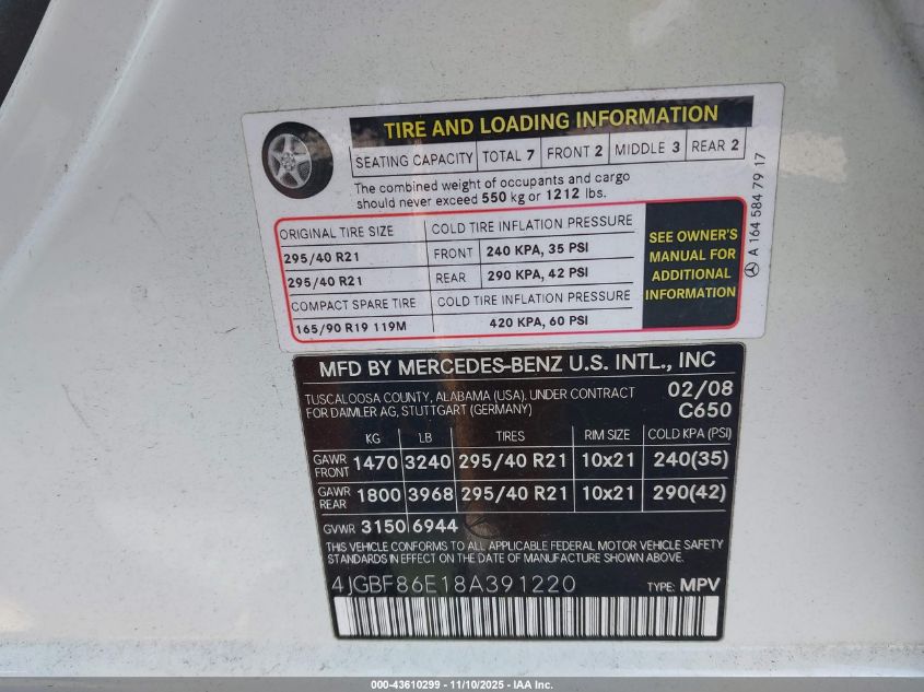 2008 Mercedes-Benz Gl 550 4Matic VIN: 4JGBF86E18A391220 Lot: 43610299