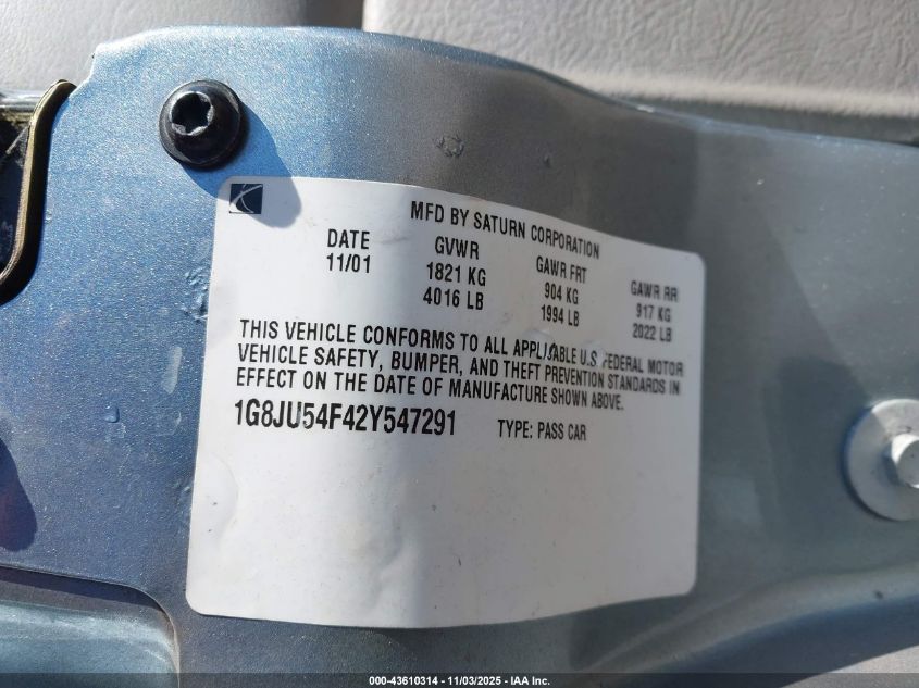 2002 Saturn L-Series L200 VIN: 1G8JU54F42Y547291 Lot: 43610314