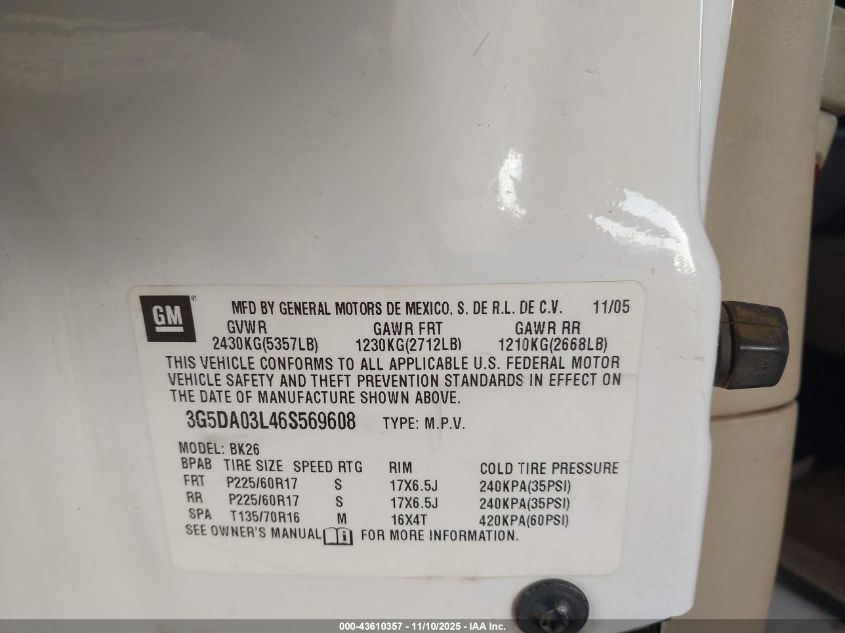 2006 Buick Rendezvous Cx VIN: 3G5DA03L46S569608 Lot: 43610357