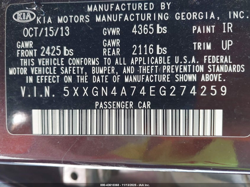 5XXGN4A74EG274259 2014 KIA OPTIMA photo no. 9
